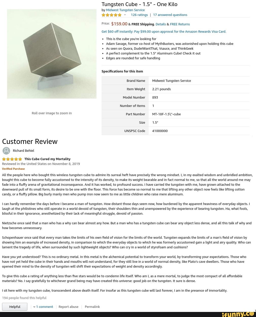Tungsten Cube 1.5" One Kilo by Midwest Tungsten Service 126ratings I