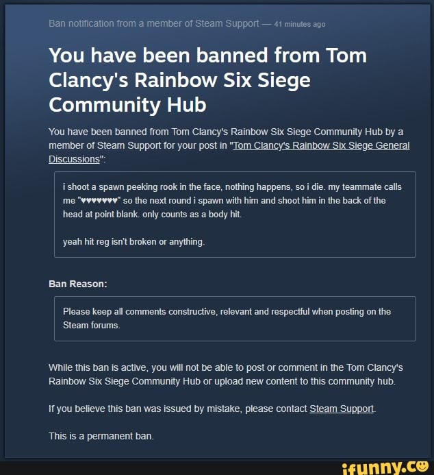 Oh Other People Calling You Names In Game Means That You Re The One Being Offensive Ban Notification From A Member Of Steam Support 41 Minutes Ago You Have Been Banned From Tom
