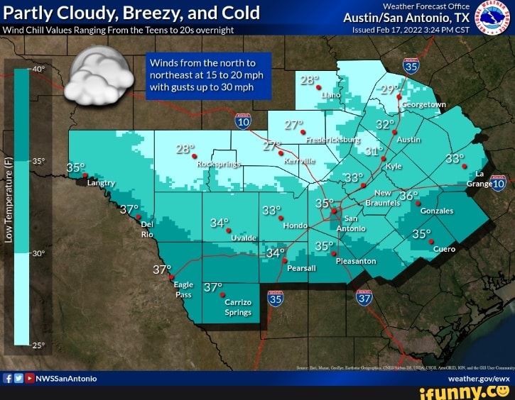 Partly Cloudy, Breezy, and Cold TX Wind Chill Values Ranging From the Teens to overnight Low