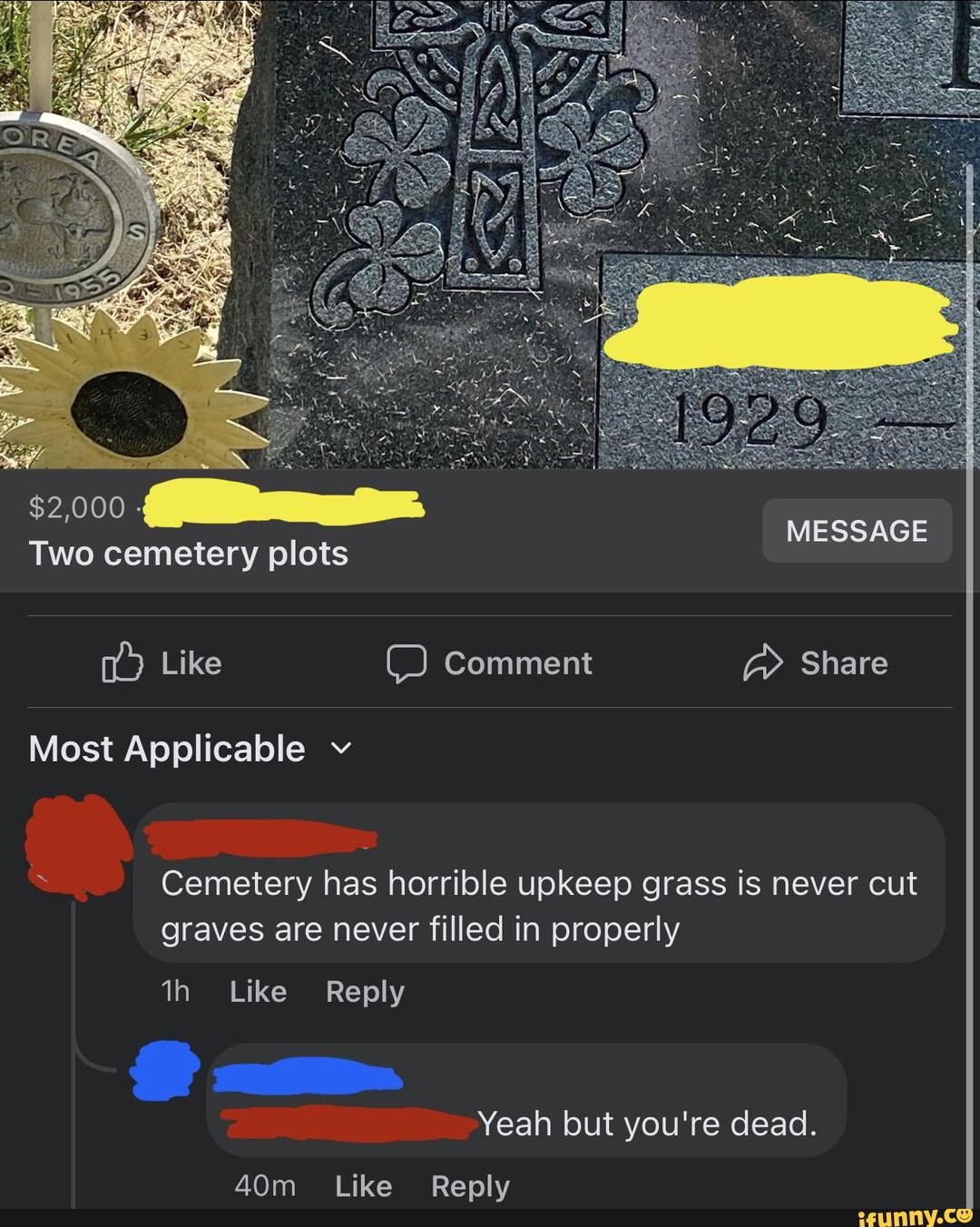 MESSAGE Two cemetery plots Like Comment Share Most Applicable Cemetery ...