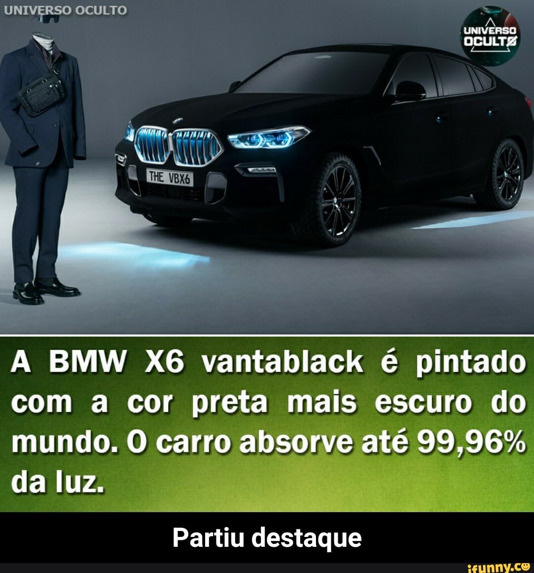 UNIVERSO OCULTO
UNIVERSO
OCULTZ
BMW vantablack é pintado com a cor preta mais escuro do mundo. O carro absorve até 99,96% da luz.
Partiu destaque - Partiu destaque