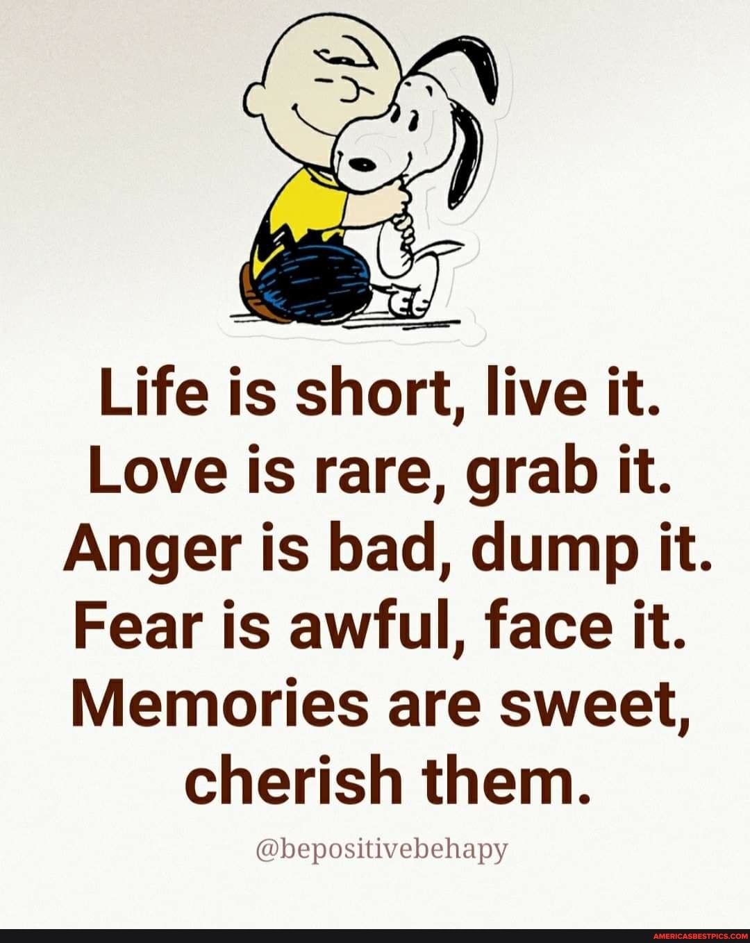 Life is short, live it.
Love is rare, grab it.
Anger is bad, dump it.
Fear is awful, face it.
Memories are sweet, cherish them.
@bepositivebehapy