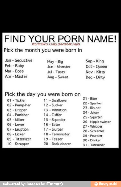 FIND YOUR PORN NAME!
ripper
04
Punisher 14
Cuffer
10-Strapper 20 Back doorer