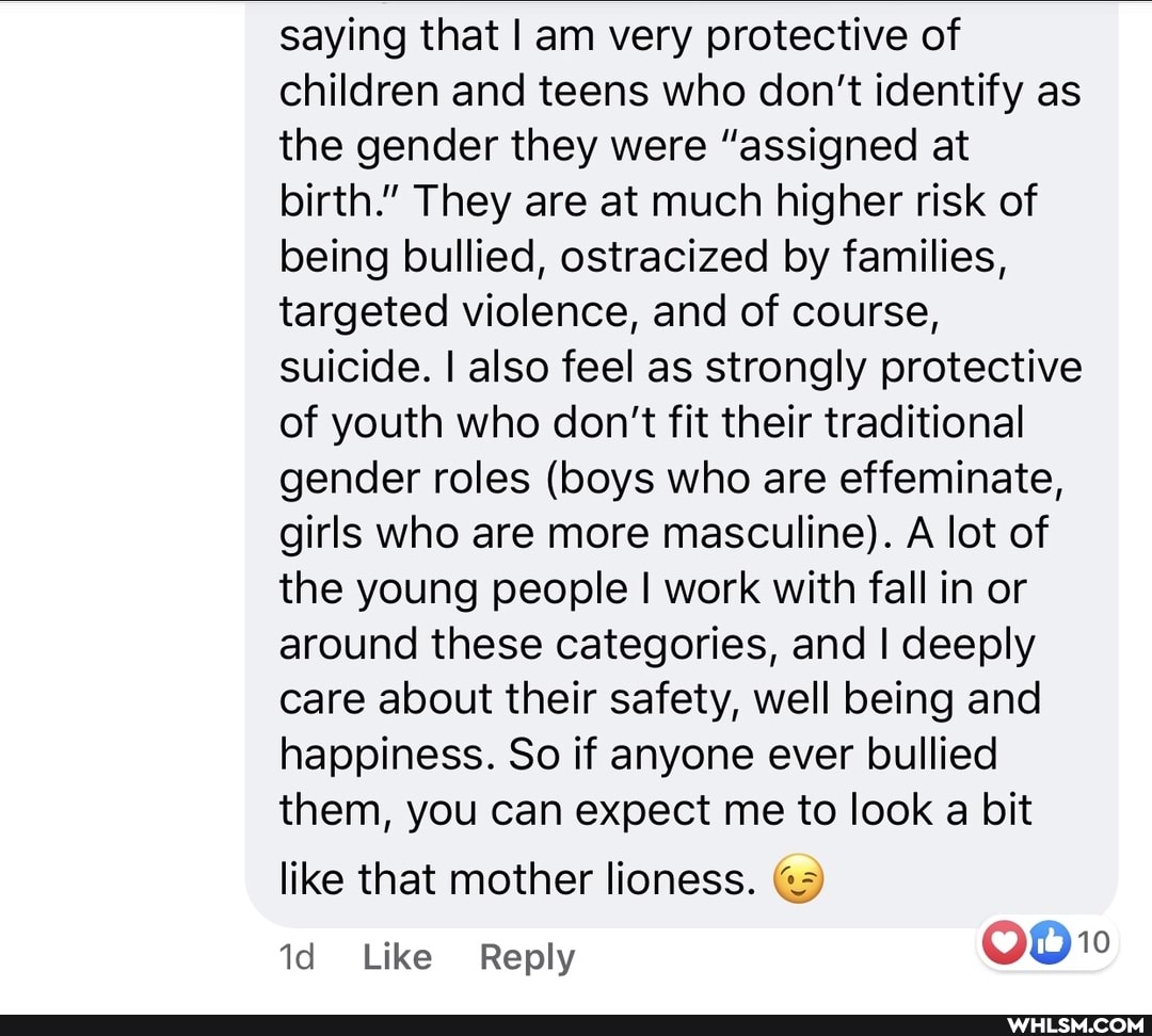 saying that I am very protective of children and teens who don't identify as the gender they were "assigned at birth." They are at much higher risk of being bullied, ostracized by families, targeted violence, and of course, suicide. I also feel as strongly protective of youth who don't fit their traditional gender roles (boys who are effeminate, girls who are more masculine). A lot of the young people I work with fall in or around these categories, and I deeply care about their safety, well being and happiness. So if anyone ever bullied them, you can expect me to look a bit
like that mother lioness.
id Like Reply
