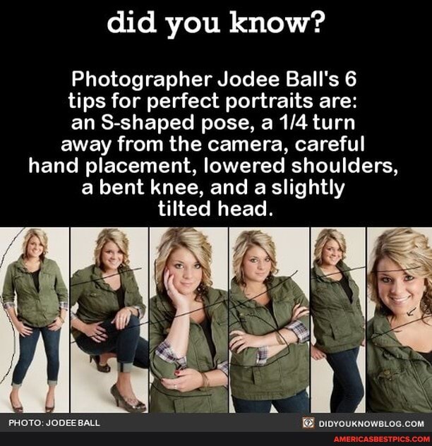 did you know?
Photographer Jodee Ball's 6 tips for perfect portraits are: an S-shaped pose, a turn away from the camera, careful hand placement, lowered shoulders, a bent knee, and a slightly tilted head.
