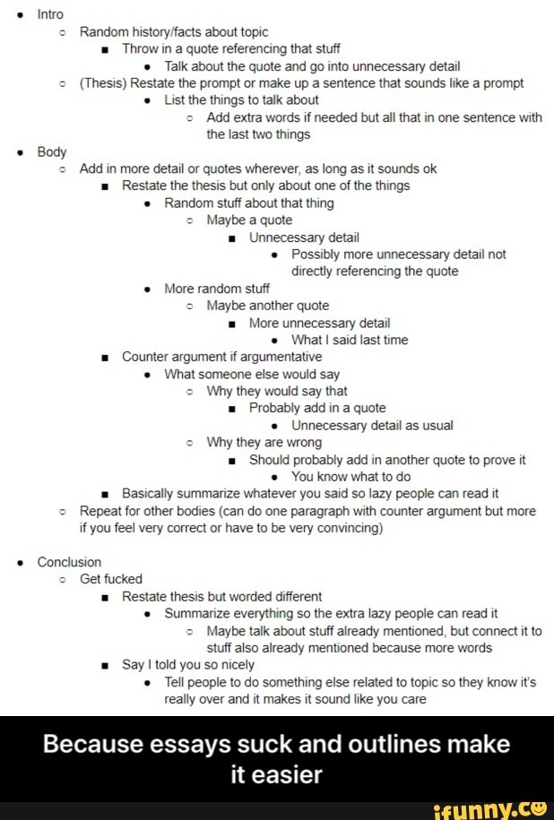 A basic outline for essays Intro Random about topic Throw in a quote