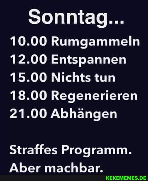 Sonntag...
10.00 Rumgammeln
12.00 Entspannen
15.00 Nichts tun
18.00 Regenerieren
21.00 Abhängen
Straffes Programm.
Aber machbar.