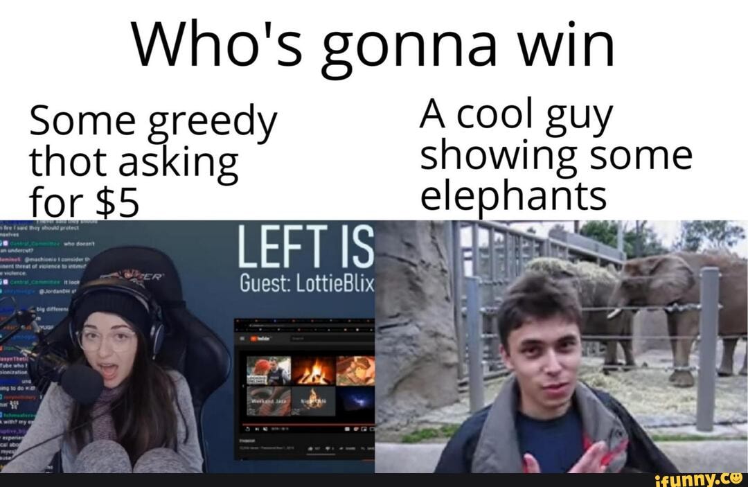 Who's gonna win
Some greedy A cool guy thot asking showing some for $
LEFTIS
Guest
elephants