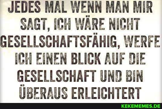JEDES MAL WENN MAN MIR SAGT, ICH ICH WARE NICHT GESELLSCHAFTSFÄHIG, WERFE ICH EINEN BLICK AUF DIE
GESELLSCHAFT UND BIN HRFDAIIS ERI FIFHTERT