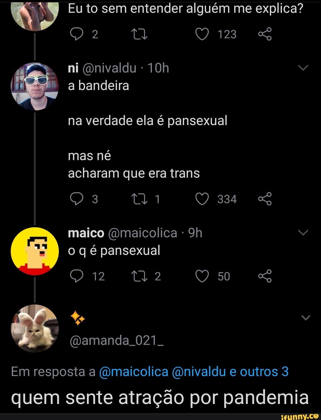 Eu to sem entender alguém me explica?
123
ni Onivaldu - a bandeira na verdade ela é pansexual
mas né acharam que era trans
maico (dmaicolica - q é pansexual
12 ta Q 50
(amanda 021.
Em resposta a (Omaicolica (Onivaldu e outros 3
quem sente atração por pandemia