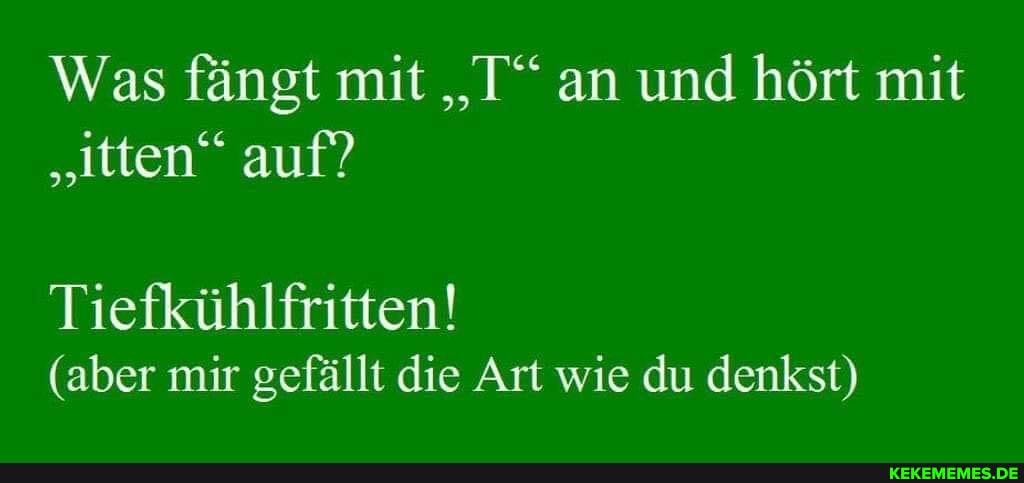 Was fängt mit "T" an und hört mit
"itten" auf?
Tiefkühlfritten!
(aber mir gefällt die Art wie du denkst)