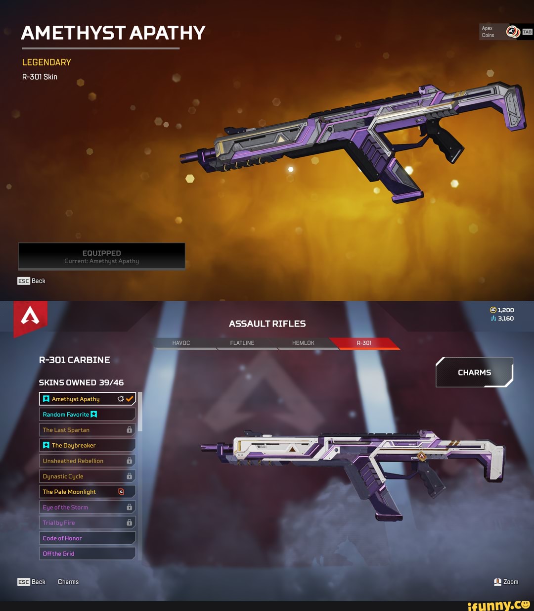 Amethyst Apathy Oa Legendary R 301 Skin Equipped Current Amethyst Apathy Back 10 Assault Rifles 3160