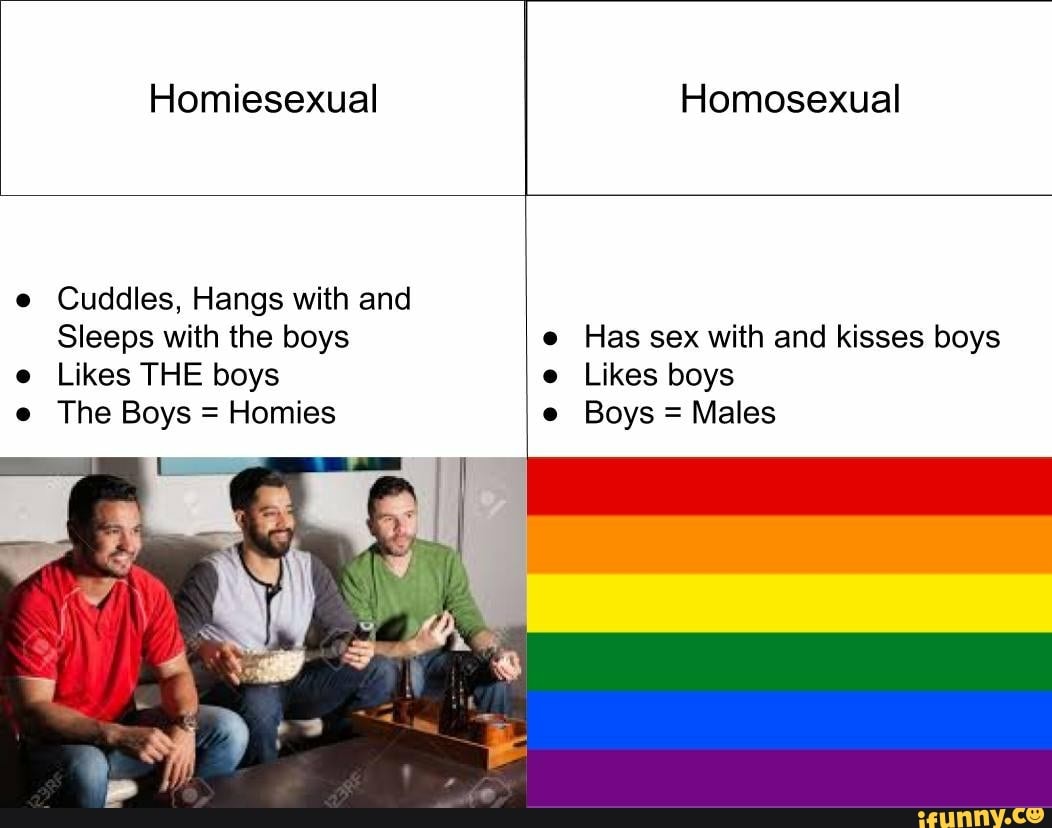 Homiesexual Homosexual
e
Cuddles, Hangs with and
Sleeps with the boys e
Has sex with and kisses boys
e
The Boys Homies e
Boys Males