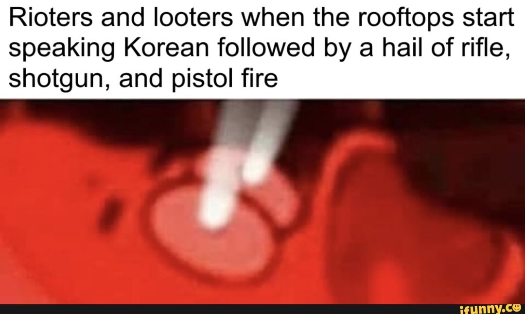Rioters and looters when the rooftops start
speaking Korean followed by a hail of rifle,
shotgun, and pistol fire
