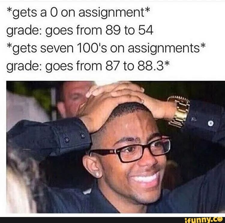 *gets a on assignment*
grade: goes from 89 to 54
*gets seven 100's on assignments* grade: goes from 87 to 88.3*