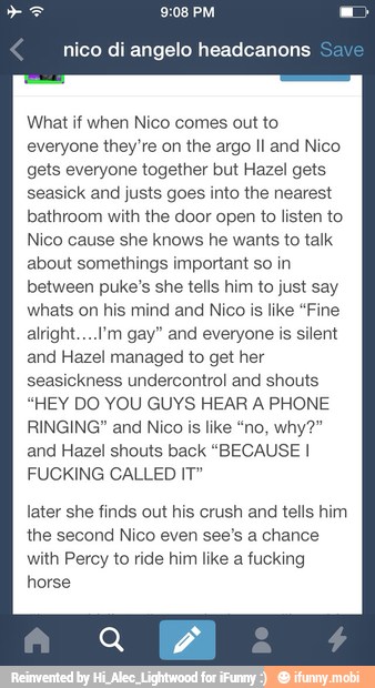 What if when Nico comes out to everyone they're on the argo Il and Nico ...