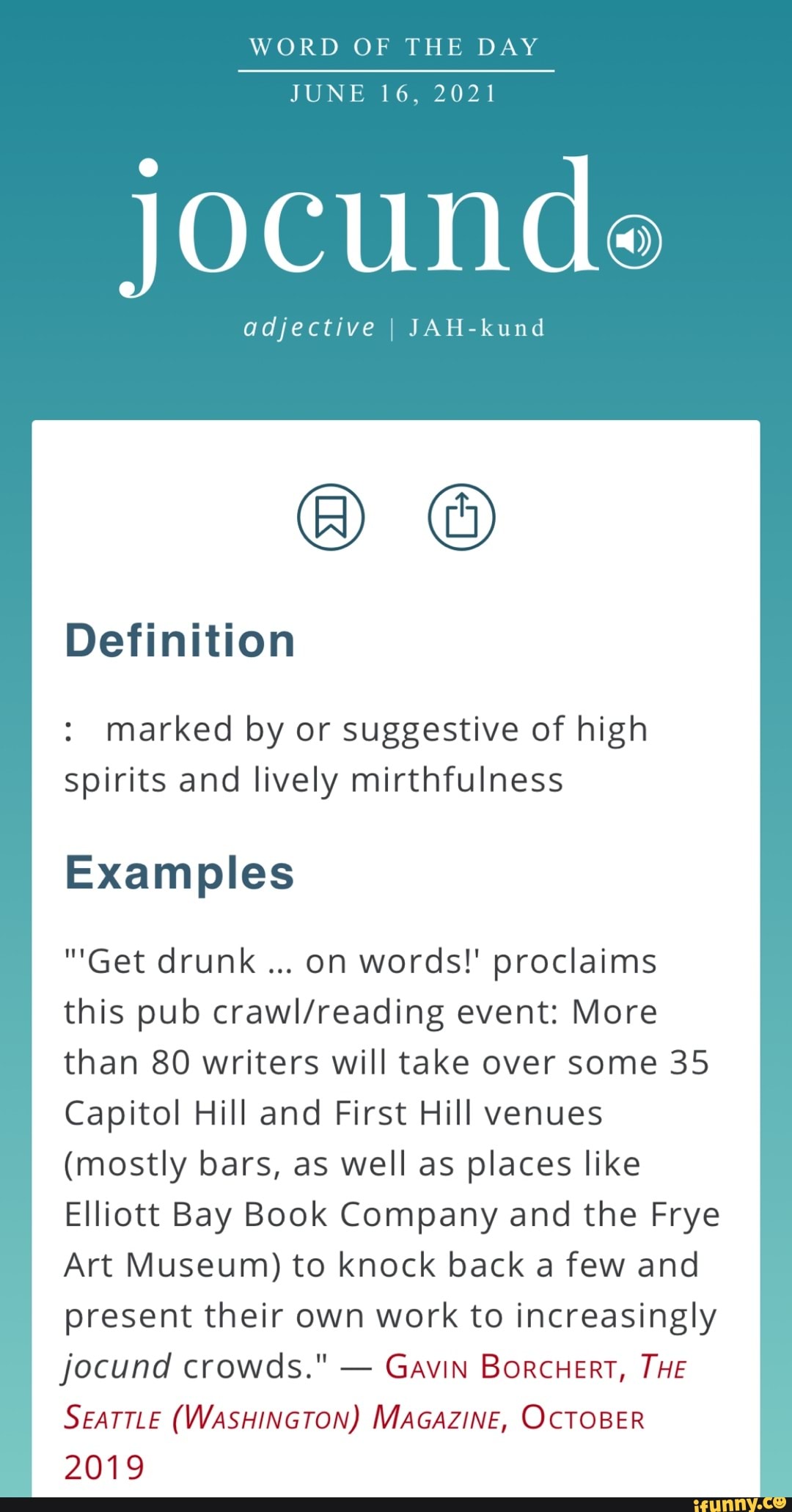 WORD OF THE DAY JUNE 16, 2021 jocunde adjective JAHkund Definition