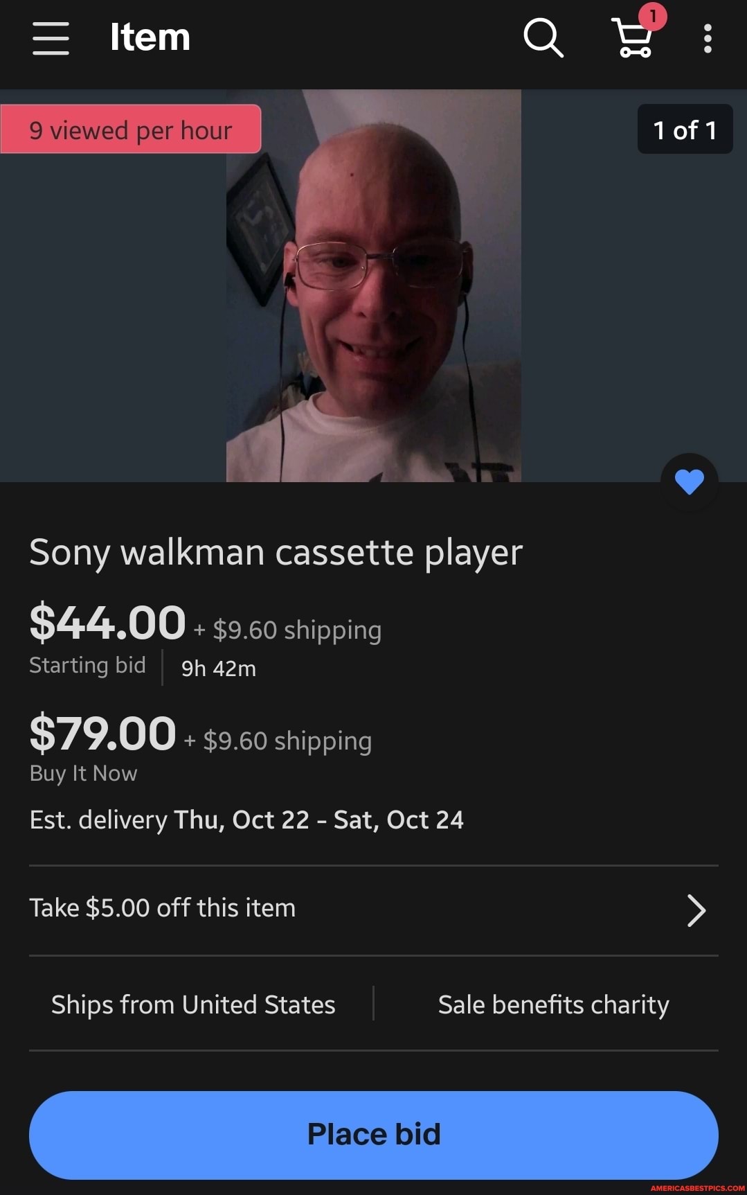 Item
9 viewed per hour
of
UL
Sony walkman cassette player
$44.00 + $9.60 shipping
Starting bid
$79.00 + $9.60 shipping
Buy It Now
Est. delivery Thu, Oct 22 - Sat, Oct 24
Take $5.00 off this item
Ships from United States Sale benefits charity
Place bid