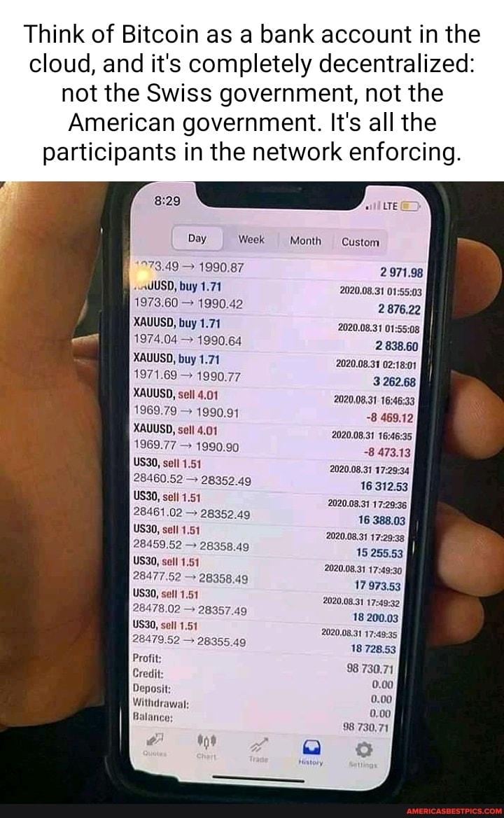 Think of Bitcoin as a bank account in the cloud, and it's completely decentralized: not the Swiss government, not the
American government. It's all the participants in the network enforcing.
Day Week Month Custom
> 1990.87 2971.98 sUUSD, buy 1.71 2020,08.31
1973.60 - 1990.42 2876.22
XAUUSD, buy 1.71 2020.08.31
1974.04 4990.64 2 838.60
XAUUSD, buy 1.71 2020.08.31
1971.69 1990.77 3 262.68
XAUUSD, sell 4.01 2020,08,31
1969.79 - 1990.91
XAUUSD, sell 4.01
1969.77 - 1990.90
US30, sell 1.51 2020.08.31
28460.52 - 28352.49 16 312.53
US30, sell 1.51 2020.08.31
28461.02 - 28352.49 16 388.03
US30, sell 1.51 2020.08.31
28459.52 - 28358.49 15 255.53
US30, soll 1.51 2020.08.31 17:
2847.52 28358,49 1797353
US30, sell 1.51 2020,08.31
28478.02 28357.49 18 200.03
US30, sell 1.51 2020.08.31
28479.52 - 28355.49 18 728.53
Profit: 98 730.71
Credi
0.00
0.00
98 730,71
Deposit;
Withdraws
Balan