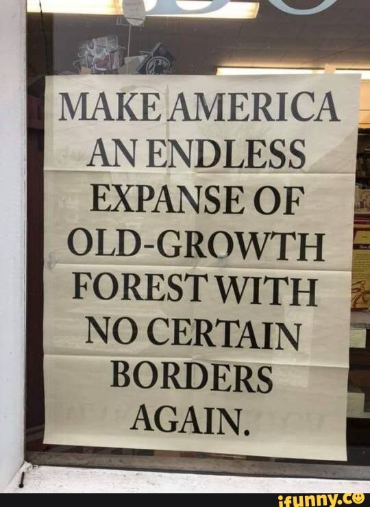 MAKE AMERICA
AN ENDLESS
EXPANSE OF
OLD-GROWTH
FOREST WITH
NO CERTAIN
BORDERS
AGAIN.