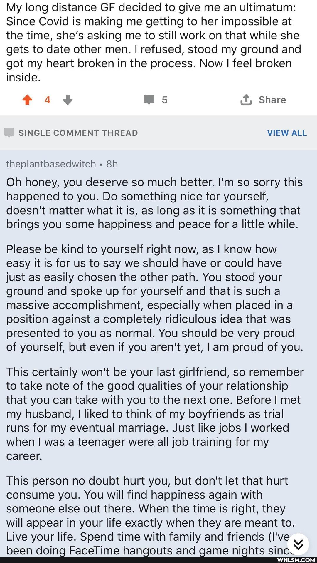 My long distance GF decided to give me an ultimatum:
Since Covid is making me getting to her impossible at the time, she's asking me to still work on that while she gets to date other men. I refused, stood my ground and got my heart broken in the process. Now I feel broken inside.
it, Share
SINGLE COMMENT THREAD VIEW ALL
theplantbasedwitch
Oh honey, you deserve so much better. I'm so sorry this happened to you. Do something nice for yourself,
doesn't matter what it is, as long as it is something that brings you some happiness and peace for a little while.
Please be kind to yourself right now, as I know how easy it is for us to say we should have or could have just as easily chosen the other path. You stood your ground and spoke up for yourself and that is such a massive accomplishment, especially when placed in a position against a completely ridiculous idea that was presented to you as normal. You should be very proud of yourself, but even if you aren't yet, I am proud of you.
This certainly won't be your last girlfriend, so remember to take note of the good qualities of your relationship that you can take with you to the next one. Before I met my husband, I liked to think of my boyfriends as trial runs for my eventual marriage. Just like jobs I worked when I was a teenager were all job training for my career.
This person no doubt hurt you, but don't let that hurt consume you. You will find happiness again with someone else out there. When the time is right, they will appear in your life exactly when they are meant to.
Live your life. Spend time with family and friends (I've
and