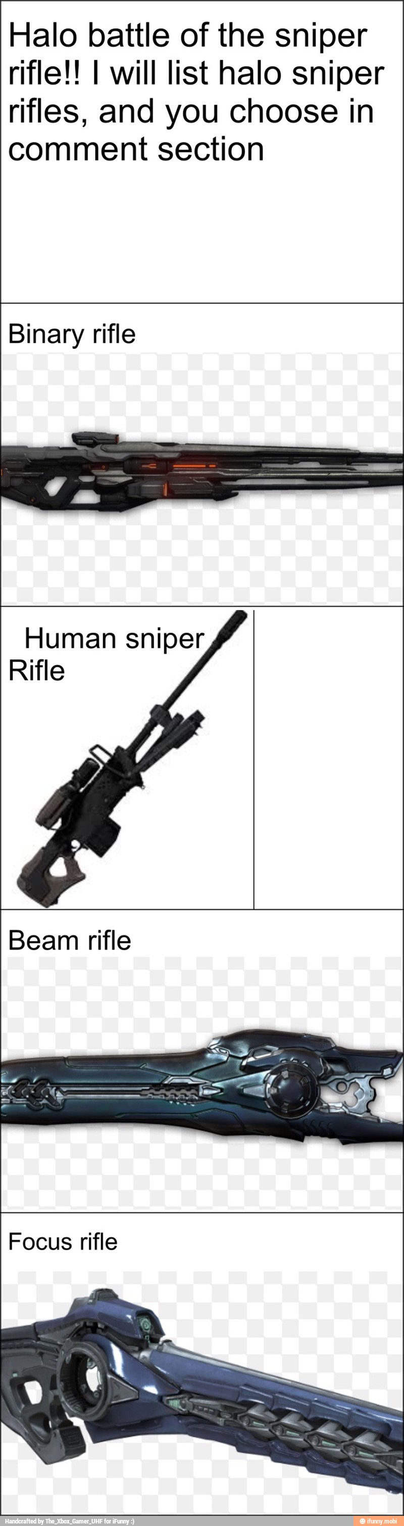 Halo battle of the sniper
rifle!! I will list halo sniper
rifles, and you choose in
comment section
Binary rifle