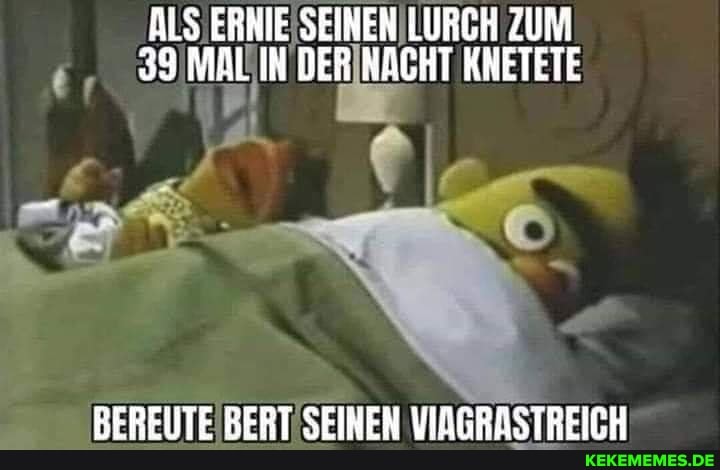 ALS ERNIE SEINEN LURCH ZUM
39 MAL IN DER NACHT KNETETE
BEREUTE BERT SEINEN VIAGRASTREICH