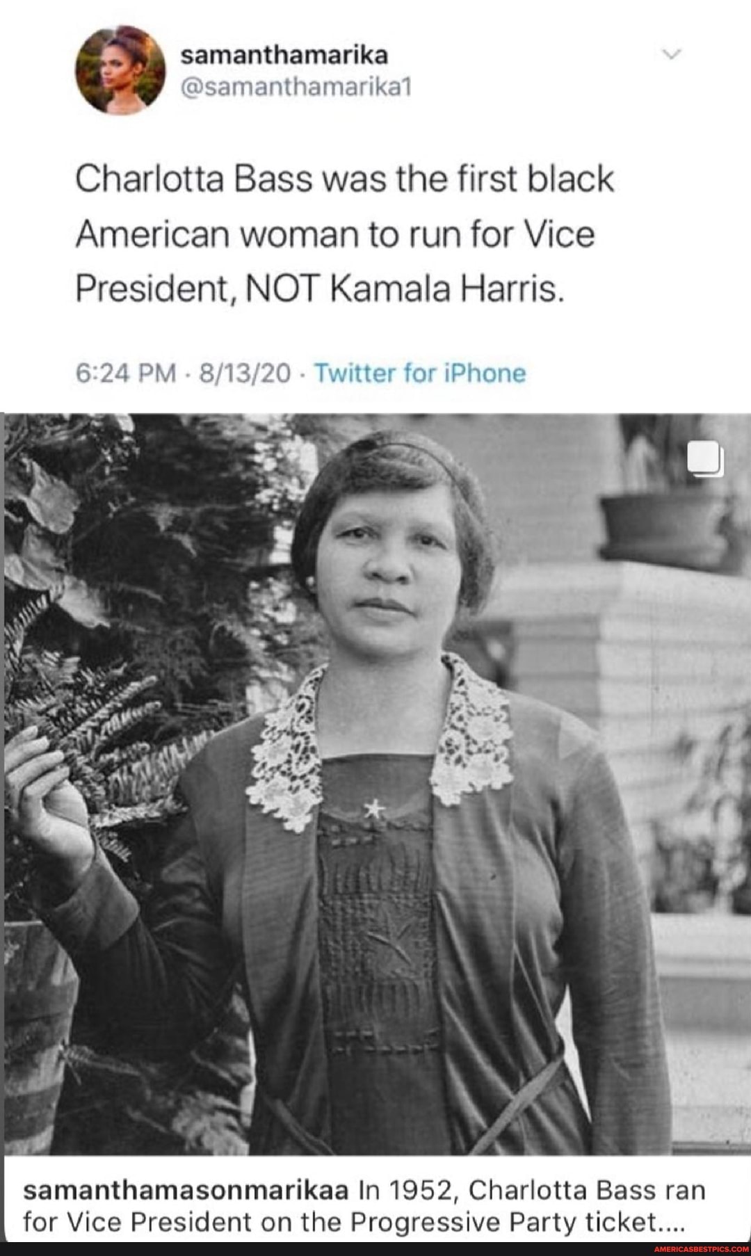 Samanthamarike
@samanthamarikat
Charlotta Bass was the first black
American woman to run for Vice
President, NOT Kamala Harris.
PM - - Twitter for iPhone
samanthamasonmarikaa In 1952, Charlotta Bass ran for Vice President on the Progressive Party ticket....