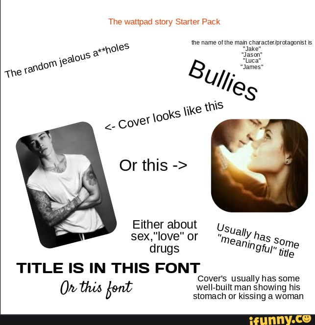 The wattpad story Starter Pack
the name of the main is
veaious the axe th s \ike covet
Or this
Either about or "mes has so drugs in
TITLE IS IN THIS FONT Cover's usually has some
On this port well-built stomach man or showing kissing his woman
stomach or kissing a woman