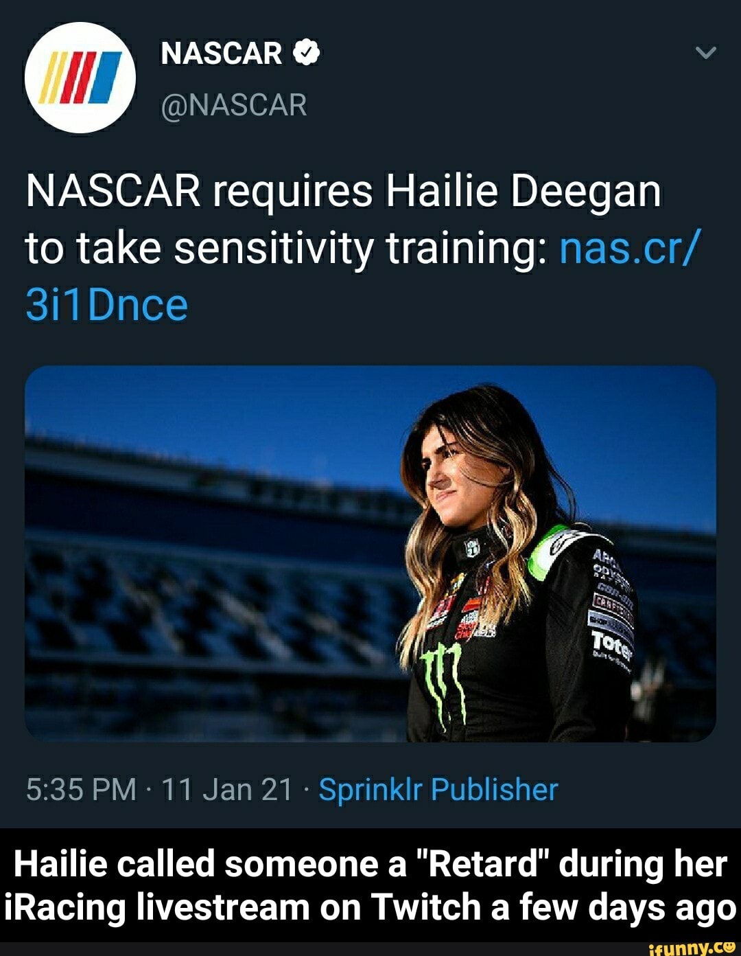 NASCARNASCAR NASCAR requires Hailie Deegan to take sensitivity training nas.cr/ 3i1Dnce PM 11 Jan