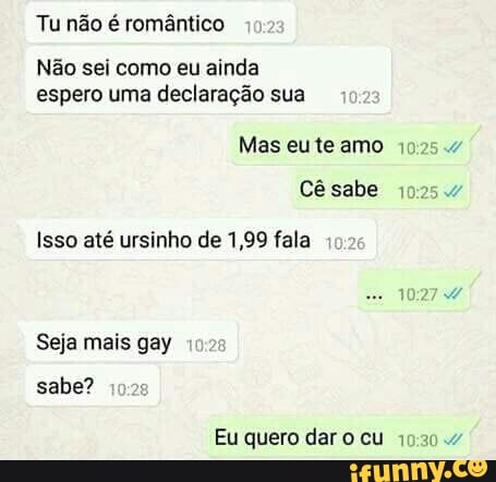 Tu não é romântico
Não sei como eu ainda
espero uma declaração sua
Mas eute amo 10:25 .4
Isso até ursinho de 1,99 fala
Seja mais gay
sabe?
Eu quero dar o cu 09.30."