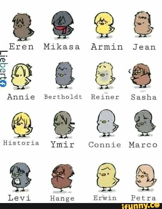 Eren Mikasa Armin Jean
Annie Bertholdt Reiner Sasha
Historia Ymir Connie Marco
Levi Hange Erwin Petra
