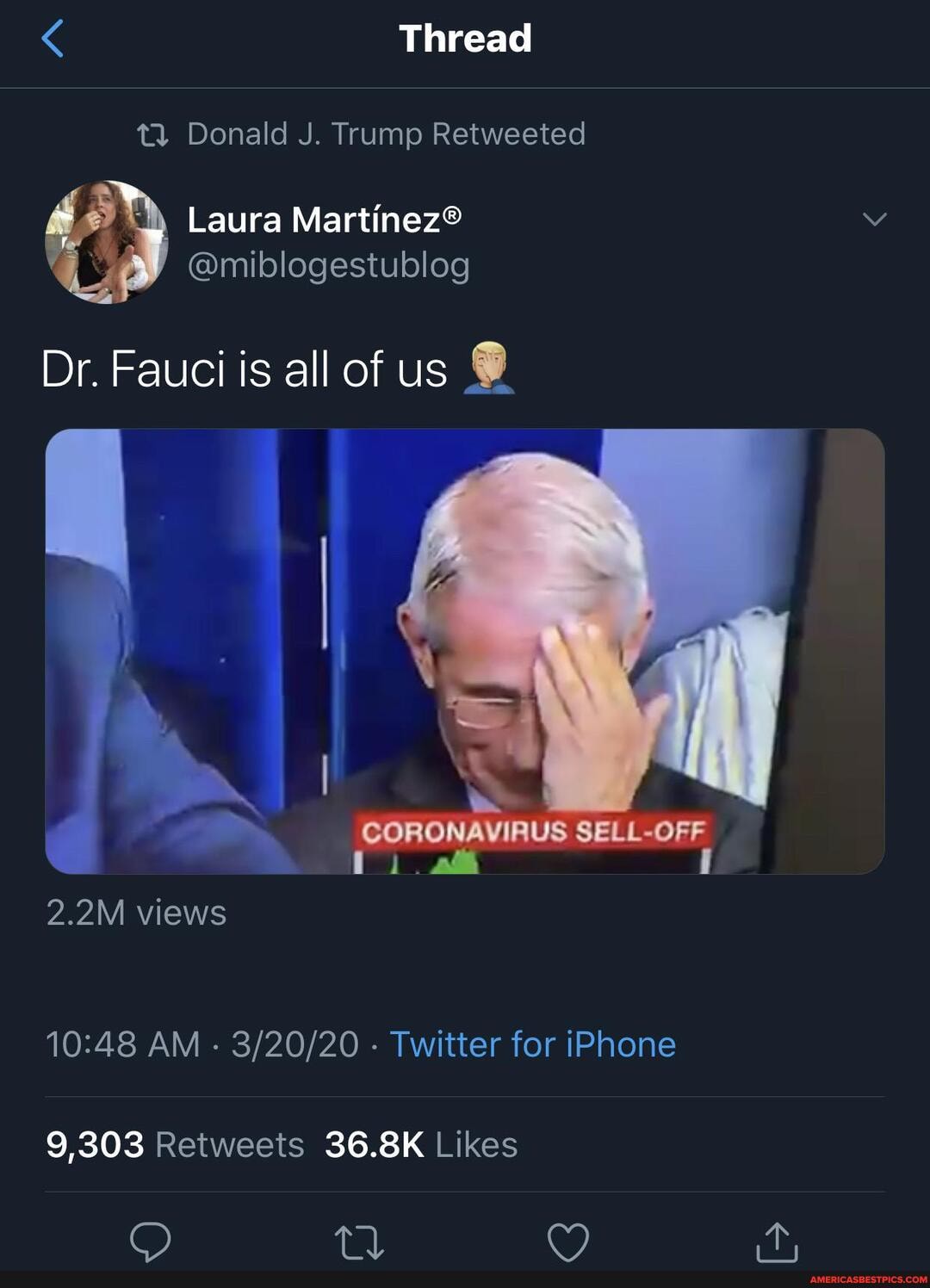 Thread
t2 Donald J. Trump Retweeted
o. COR ana ¡VIRUS SELL-OFF
2.2M views
10:48 AM
Twitter for iPhone