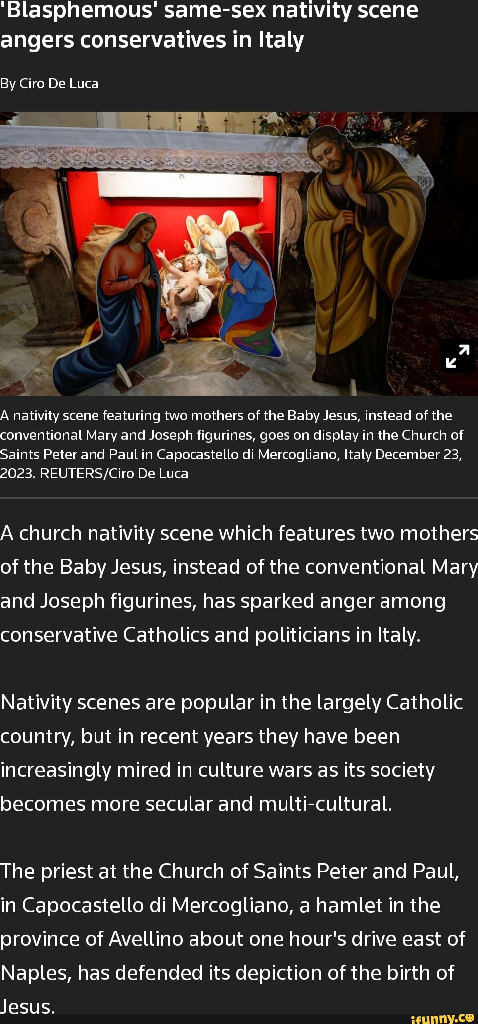 Blasphemous same sex nativity scene angers conservatives in Italy