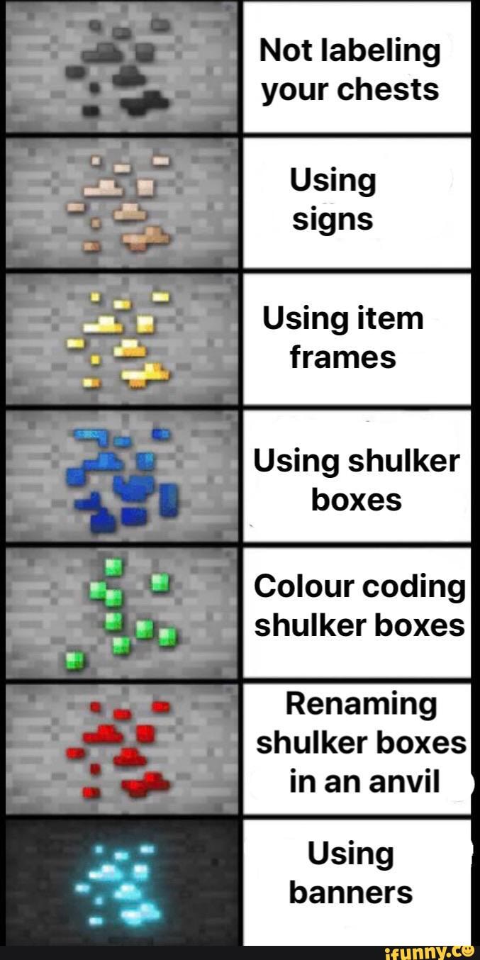 Not labeling your chests Using item frames Using shulker boxes Colour