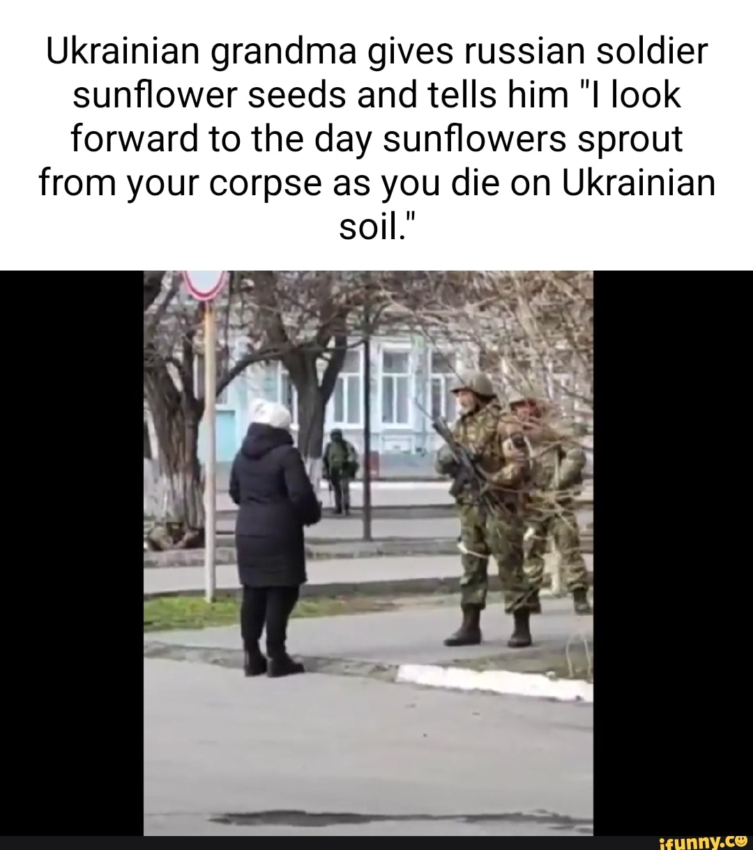 Ukrainian grandma gives russian soldier sunflower seeds and tells him
