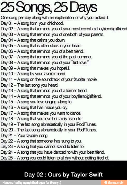 25 Songs, 25 Days
One song per day along with an explanation of wiy you picked
Day 01
A song fom your chichood.
Day 02
A song that reminds you of your most recert ex-boyfriend/giifriend
Day 08
A song that reminds you of onelboth of your parents.
Day 04
A song that calms you down.
Day 05
A song thet is often stuck ok
Day 06
A song thet reminds you ofa best fiend.
Day 07
A song that reminds you of the past summer.
Day 08
A song that reminds you of your "ist love."
Day 09
A song that makes you hopetul.
Day 10 eN
A song on the soundtrack of your favorite movie.
Day 13
A song that reminds you of a former fiend.
[OVAL tui pea on cca
Day 15
A 'song you love singing along to.
Day 16
A song that has made you ay.
Day 17
A song that makes you wart to danos.
Day 18
A song that you love but rarely listen to
Day 19
The fist song alphabetically in your PodsfTunes.
Day 20
The last song alphabetically in your PodiTunes.
Day 21
Your favorte song
Day 22
A song that someone has sung to you.
Day 23
A song that you cannot stand to listen to.
Day 24
A song that you have danced to with your best fiend.
Day 25
A song you could listen to all day without getting tred of,
Day 02 Ours by Taylor Swift - Day 02 : Ours by Taylor Swift