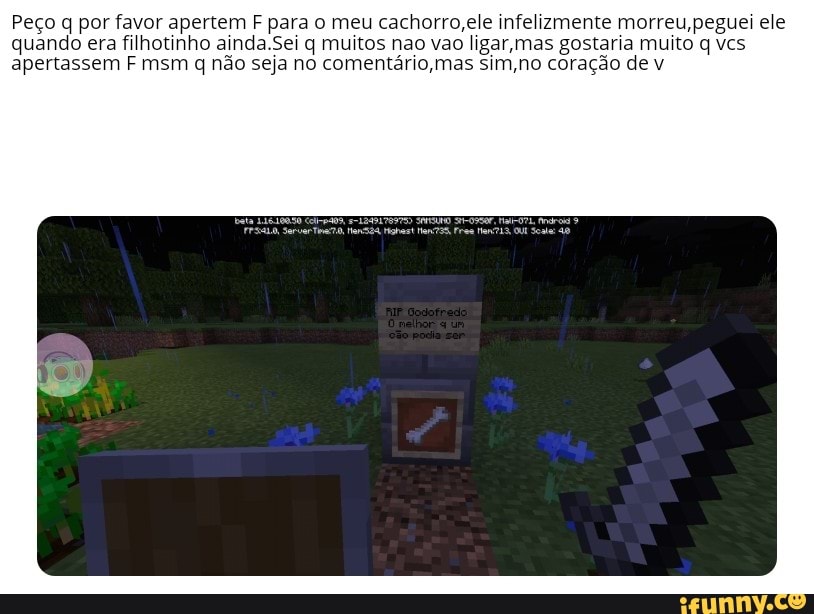 Peço q por favor apertem F para o meu cachorro,ele infelizmente morreu,peguei ele
quando era filhotinho ainda.Sei q muitos nao vao ligar,mas gostaria muito q vcs
apertassem F msm q não seja no comentário mas sim,no coração de v