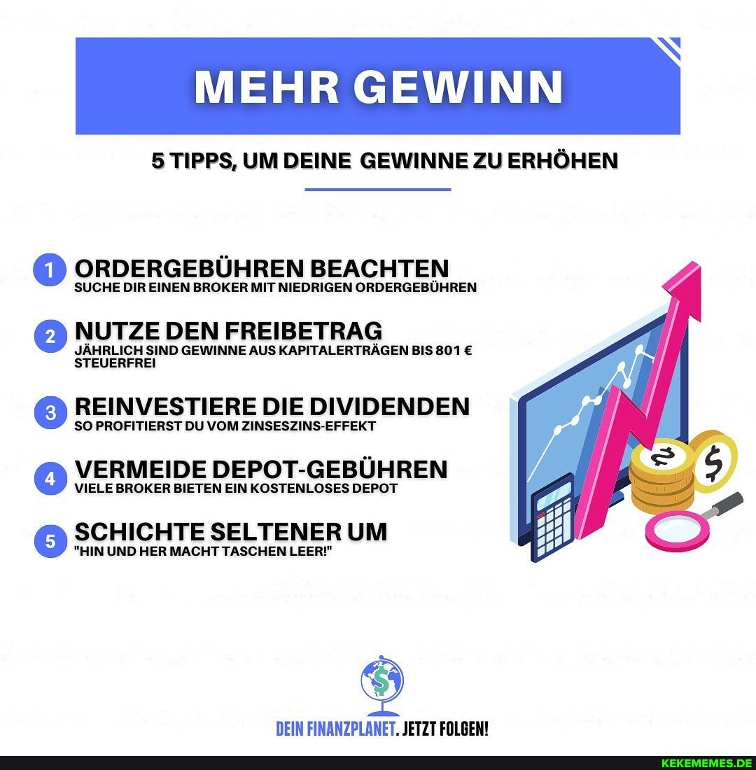 GEWINN
5 TIPPS, UM DEINE GEWINNE ZU ERHÖHEN
ORDERGEBÜHREN BEACHTEN
SUCHE DIR EINEN BROKER MIT NIEDRIGEN ORDERGEBÜHREN
NUTZE DEN FREIBETRAG
JÄHRLICH SIND GEWINNE AUS KAPITALERTRÄGEN BIS 801
STEUERFREI
REINVESTIERE DIE DIVIDENDEN
SO PROFITIERST DU VOM ZINSESZINS-EFFEKT
VERMEIDE DEPOT-GEBÜHREN
VIELE BROKER BIETEN EIN KOSTENLOSES DEPOT
SCHICHTE SELTENER UM
"HIN UND HER MACHT TASCHEN LEER!"
DEIN FINANZPLANET. JETZT FOLGEN!