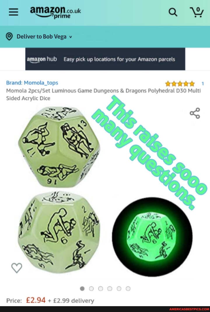= amazo .co.uk Q Ww
Deliver to Bob Vega v
amazon hub Easy pick up locations for your Amazon parcels
Brand: Momola_top:
Luminous Game Dungeons & Dragons Polyhedral Mult
Momola
Sided Acrylic Dice