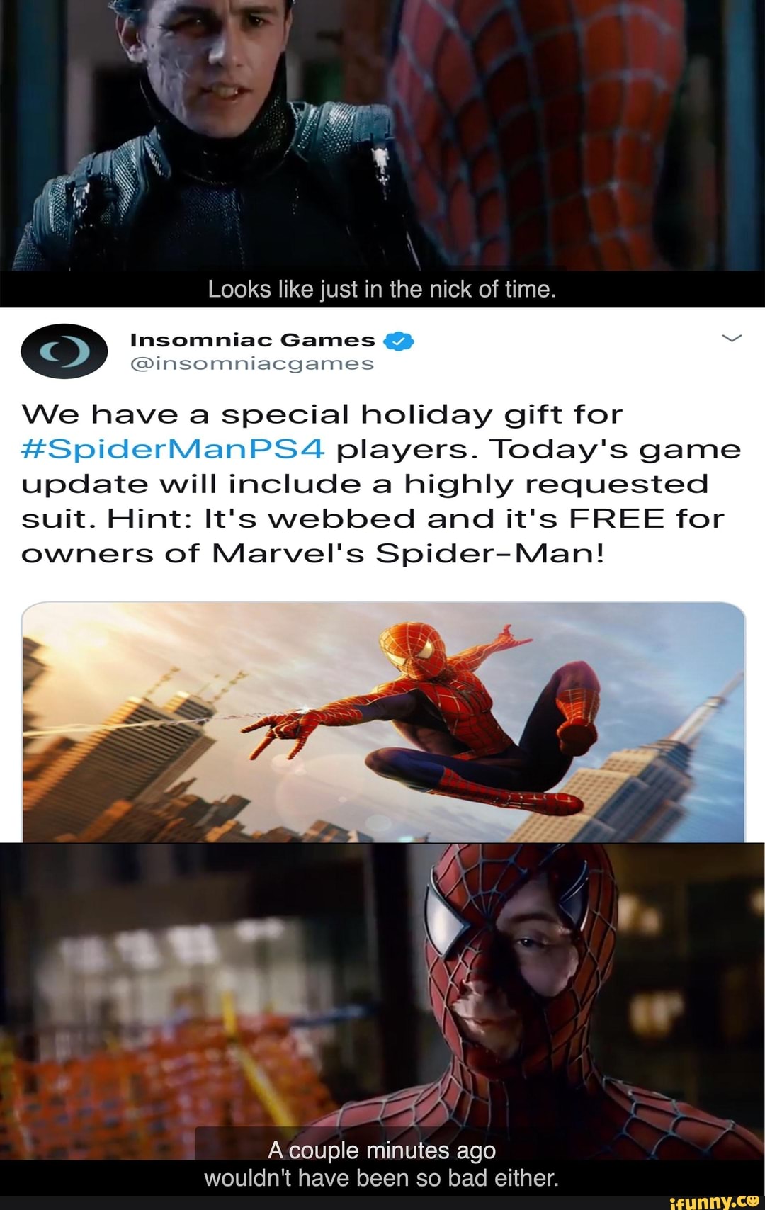 we have a special holiday gift for spidermanps4 players today s game update will include a highly requested suit hint it s webbed and it s free for owners of marvel s spider man ifunny ifunny