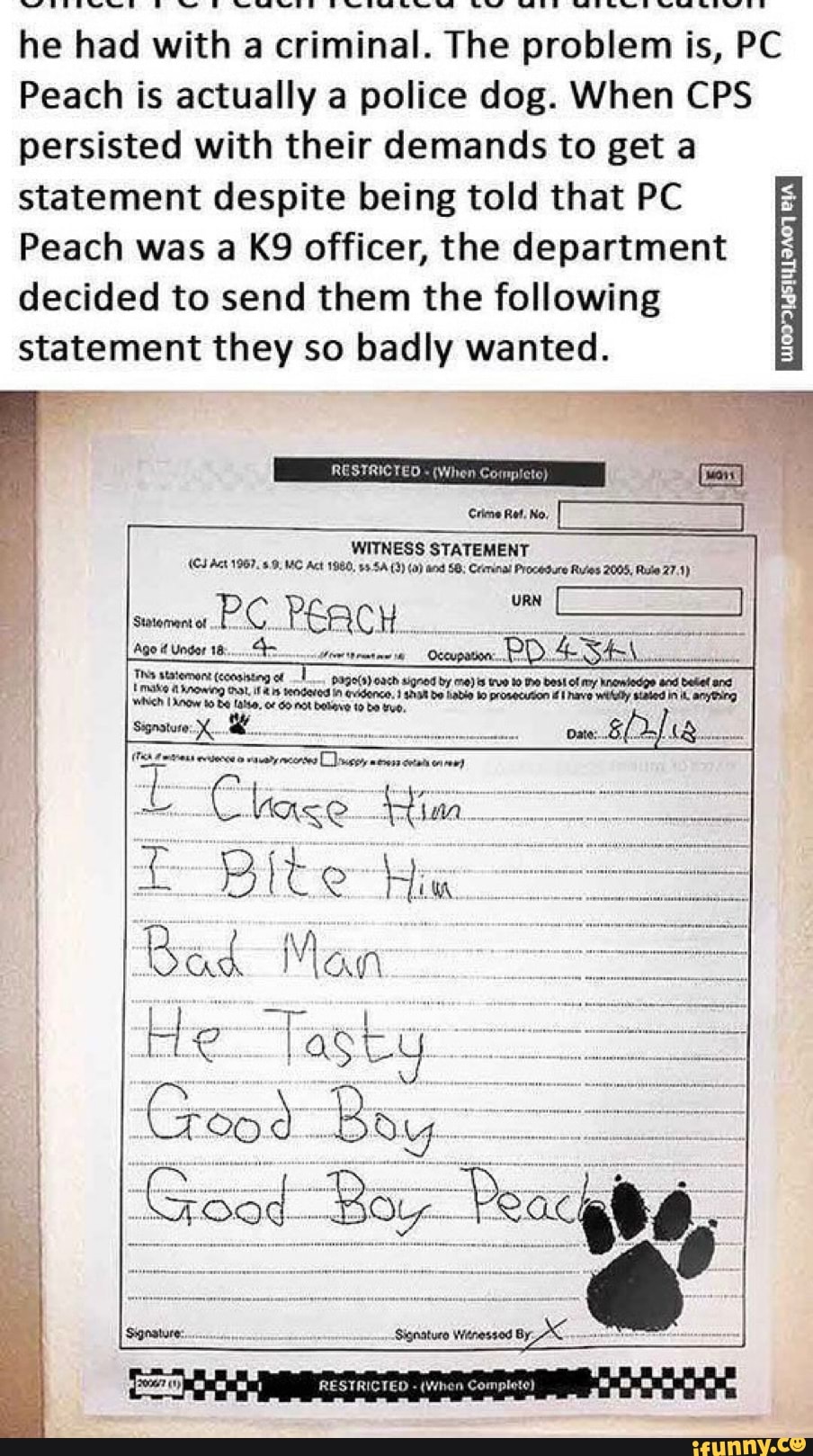 he had with a criminal. The problem is, PC
Peach is actually a police dog. When CPS
persisted with their demands to get a
statement despite being told that PC
Peach was a K9 officer, the department
decided to send them the following
statement they so badly wanted.
VOD
DISHULIAOT BIA