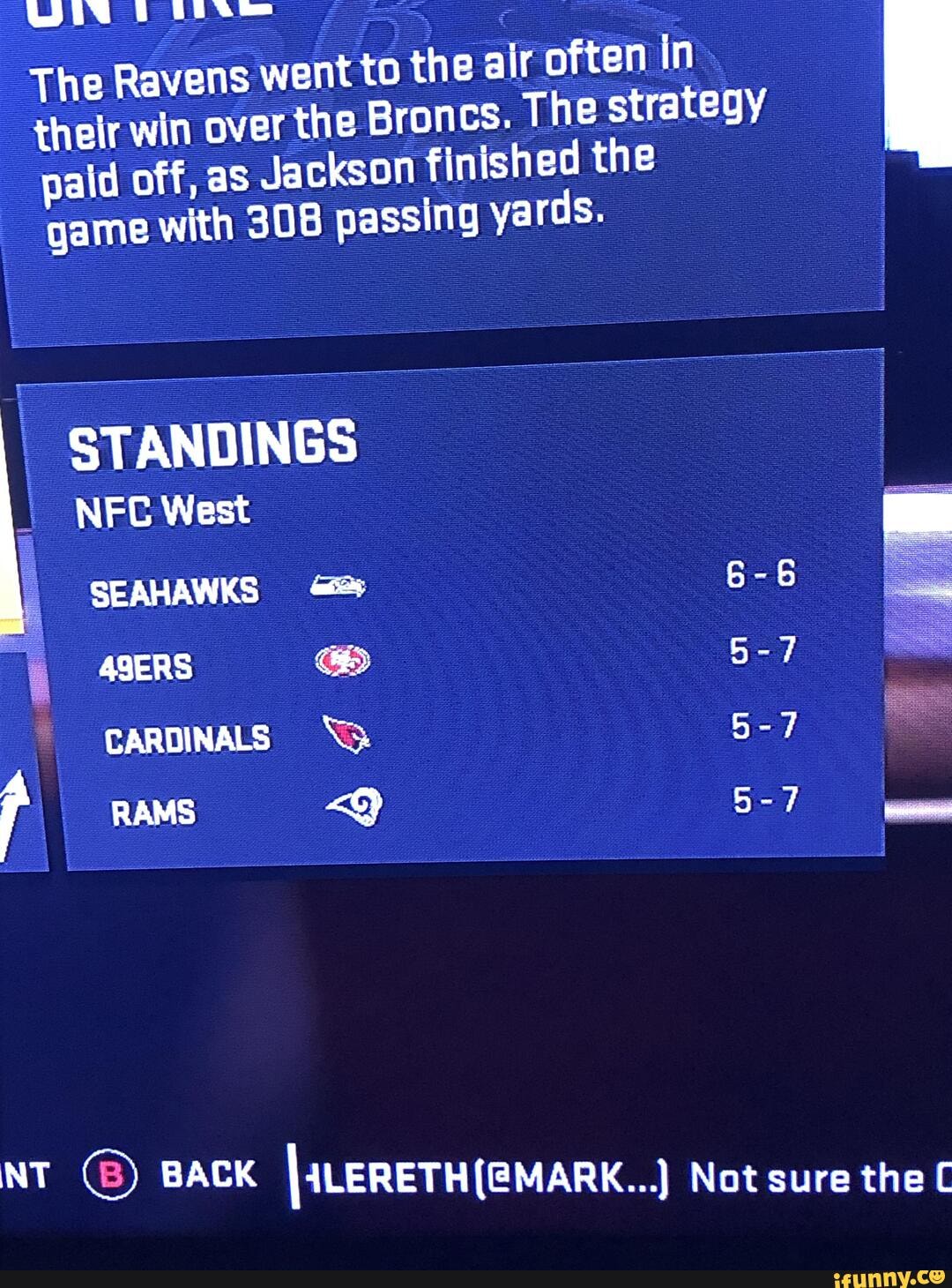 wise &
The Ravens went to the often In thelr win over the Brones. The strategy
pald off, as Jackson finished the game with 308 passing yards.
STANDINGS NEC West
SEAHAWKS
4S5ERS
CARDINALS
NT BACK Not sure the