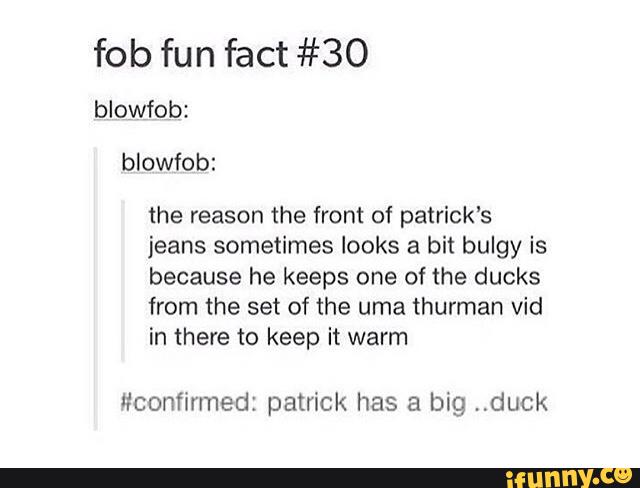 fob fun fact #30
the reason the front of patrick’s
jeans sometimes looks a bit bulgy is
because he keeps one of the ducks
from the set of the uma thurman vid
in there to keep it warm
Hconfirmed: patrick has a big .,duck
