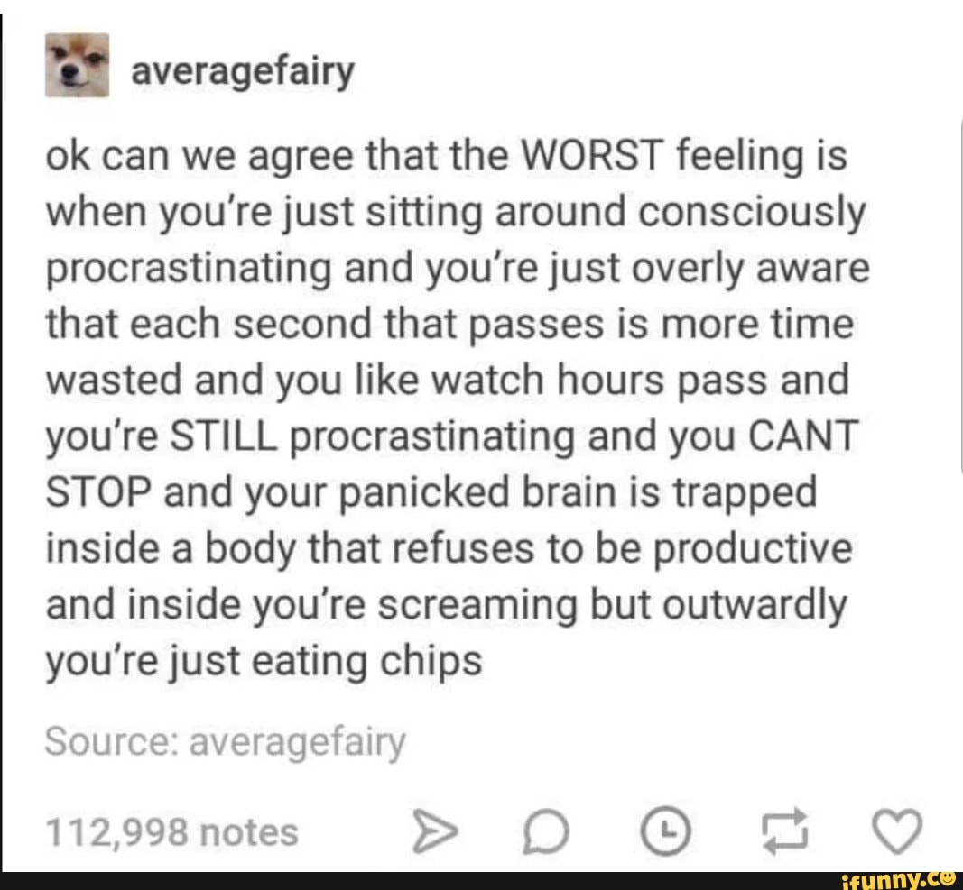 ok can we agree that the WORST feeling is
when you're just sitting around consciously
procrastinating and you're just overly aware
that each second that passes is more time
wasted and you like watch hours pass and
you‘re STILL procrastinating and you CANT
STOP and your panicked brain is trapped
inside a body that refuses to be productive
and inside you're screaming but outwardly
you‘re just eating chips
Source: averagefairy