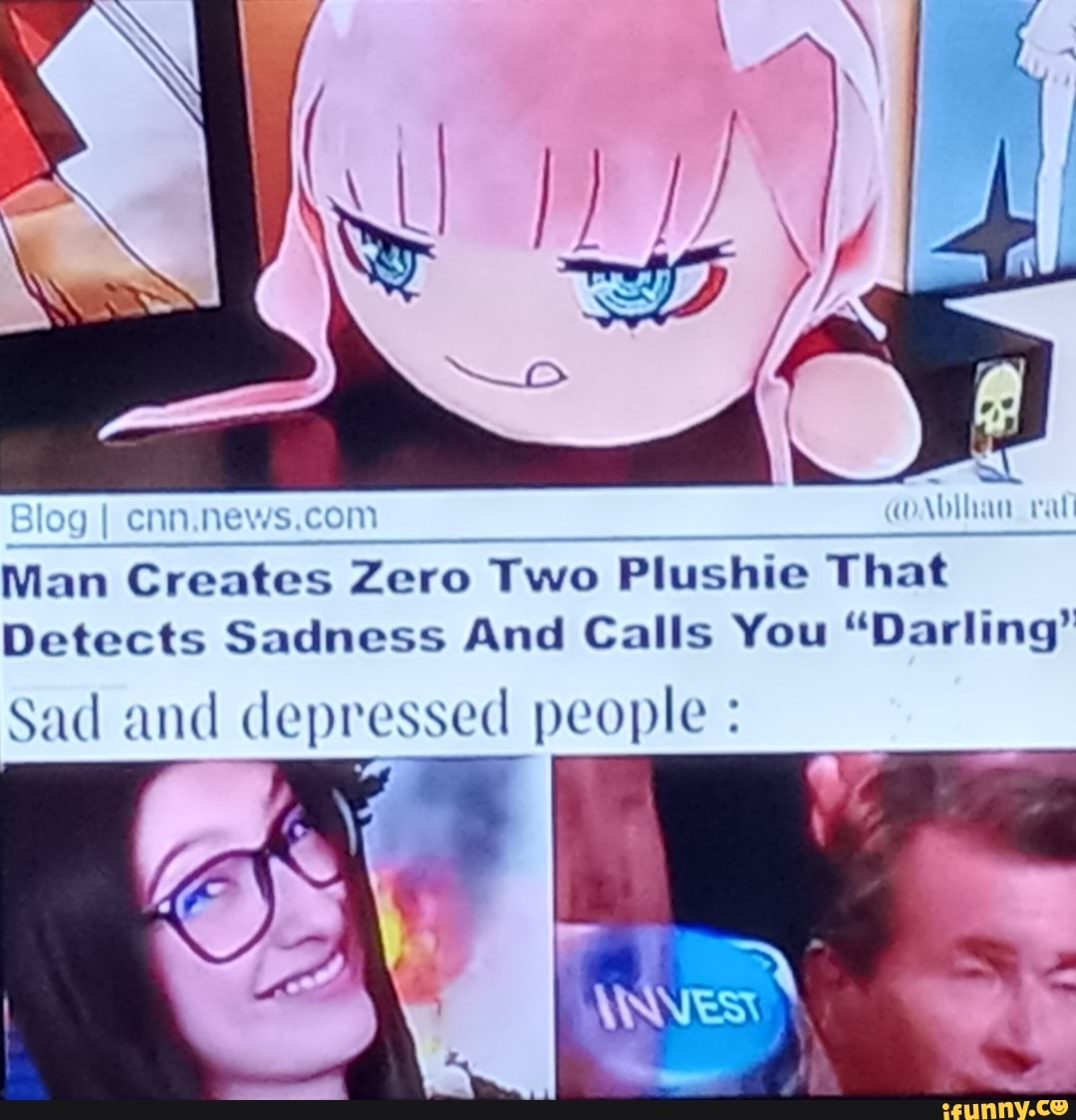 Blog I ne
Man Creates Zero Two Plushie That
Detects Sadness And Calls You "Darling'
Sad and depressed people :