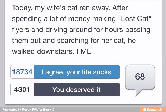 Today, my wife's cat ran away. After
spending a lot of money making "Lost Cat"
flyers and driving around for hours passing
them out and searching for her cat, he
walked downstairs. FML