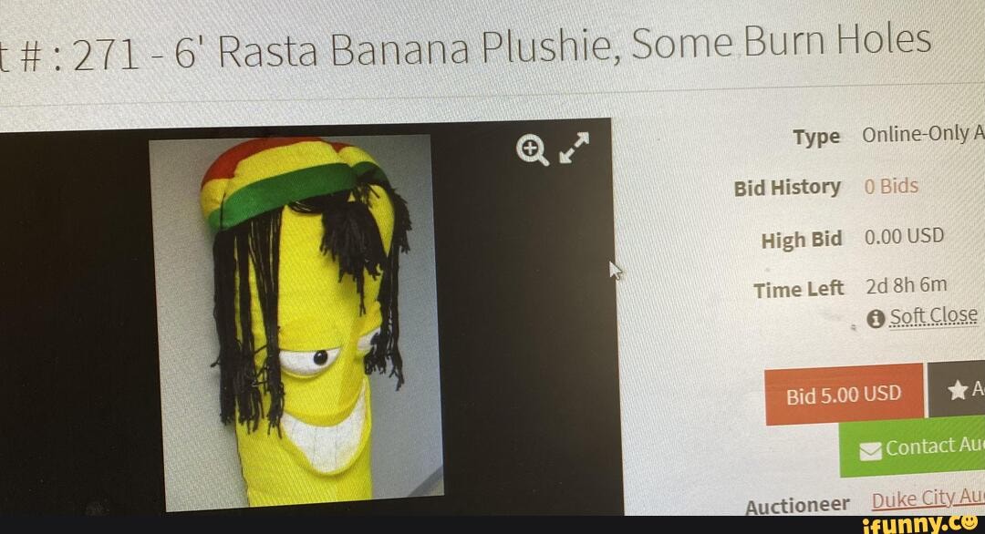 -#:971-6' Rasta Banana Plushie, Some Burn Holes
Type Online-OnlyA Bid History
- Bid 0.00 SD
Soft
Time Le
Bid 5.00 USD
Contact Au
City Av
