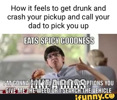 it feels to get drunk and crash your pickup and call your dad to pick you up EATS SPICY GOODNESS GIVE ME THE WEED OR PSEGREH THE VEHICLE - iFunny Brazil