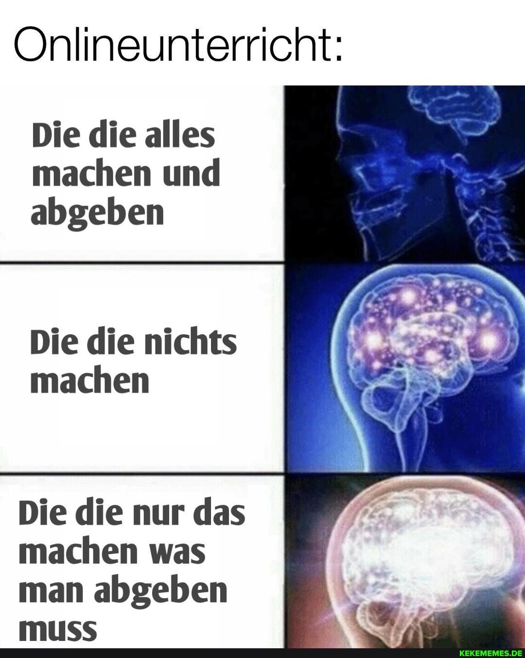 Onlineunterricht:
Die die alles machen und abgeben
Die die nichts machen
Die die nur das machen was man abgeben muss